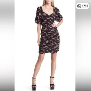 Floral Puff-Sleeve Black Dress - Elegant Ruched Mini - Open Edit- Nordstrom